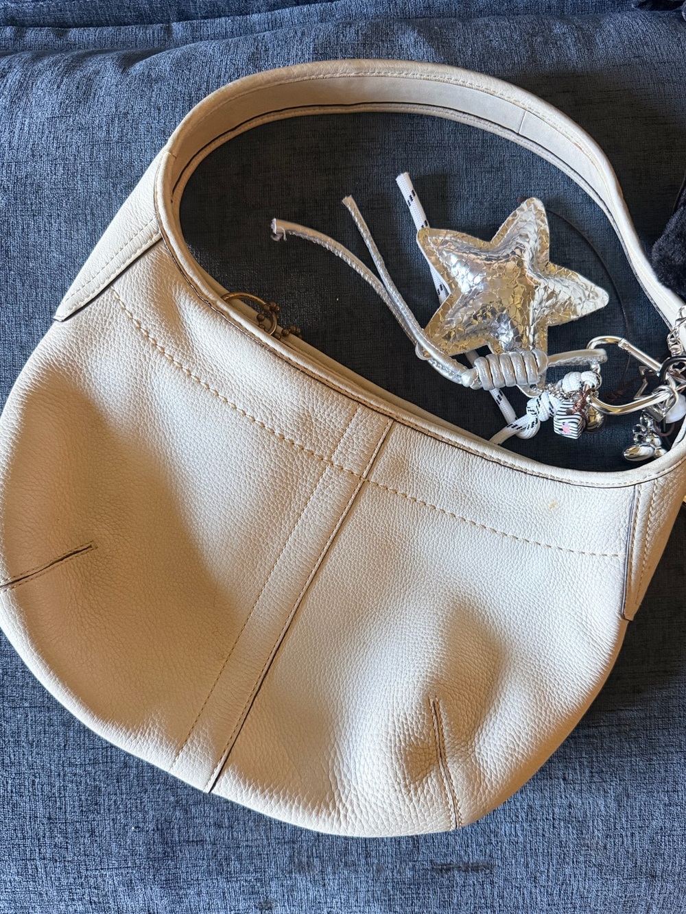 Coach Cream Leather Shoulder Hobo Bag with Silver Star Charm